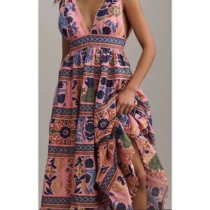 NWT Farm Rio SEASHELL tiered PINK MIDI DRESS, XXS $275